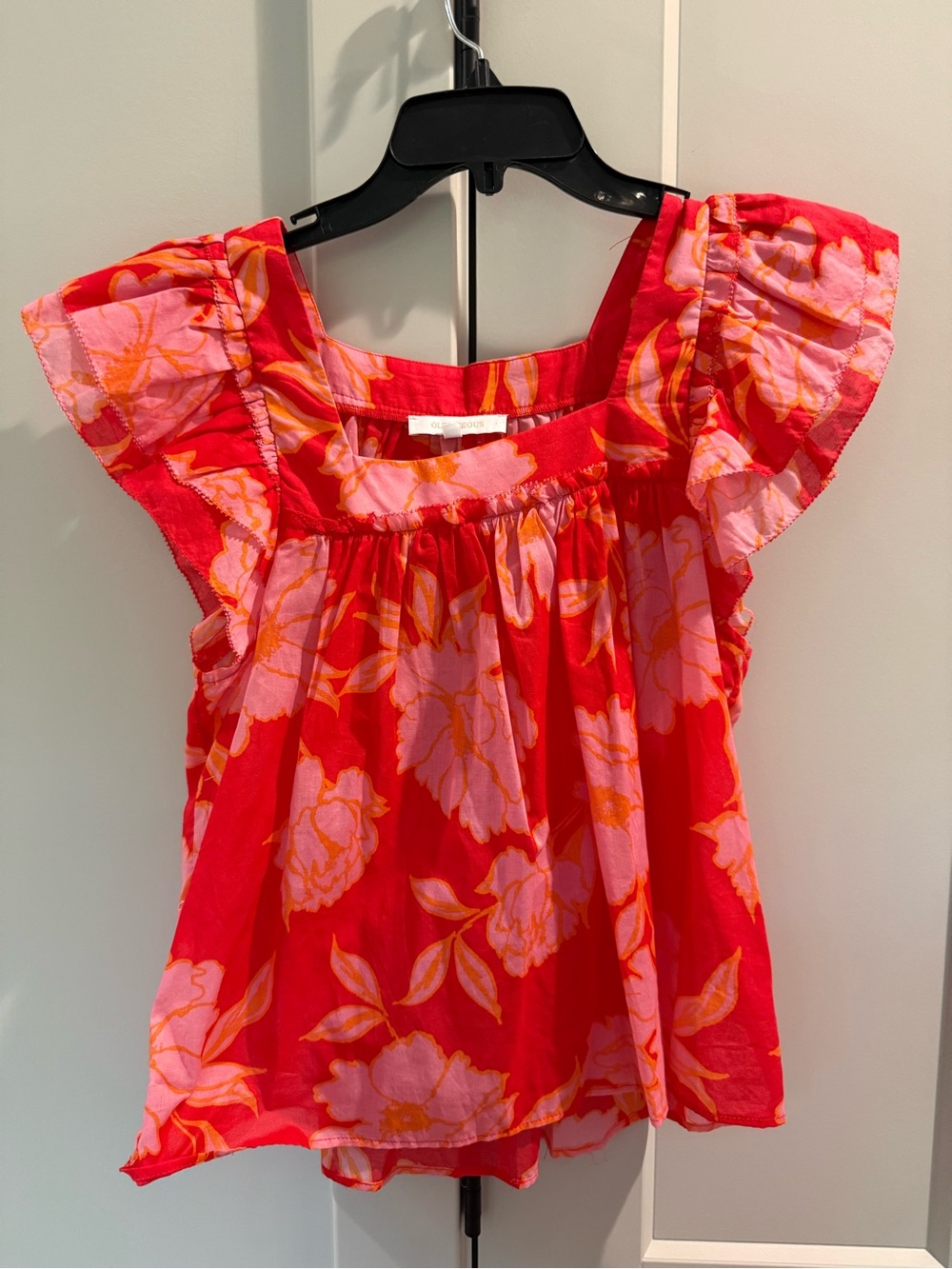 Olivaceous Pink Orange Floral Flutter-Sleeve Top